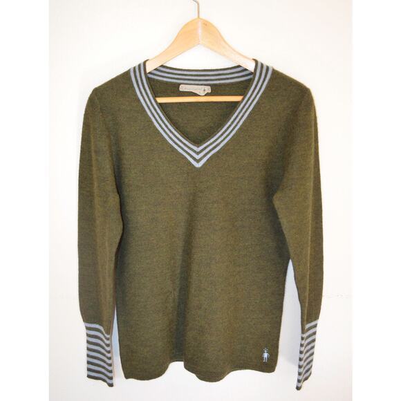 Smartwool 100% Merino Wool V-Neck Sweater Women's Size Large Stripes - Picture 1 of 5